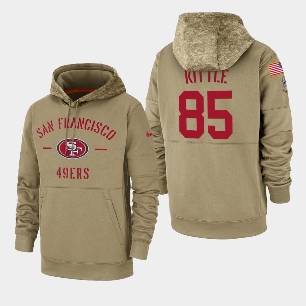 Men's San Francisco 49ers #85 George Kittle Tan 2019 Salute to Service Sideline Therma Pullover Hoodie